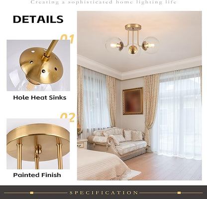 KoKo&Yukina 3-Light Semi Flush Mount Ceiling Light Globe Lights Mid Century Ceiling Light with Clear Glass Globe & Brushed Brass for Bedroom Hallway Entryway Kitchen Living Room (Bulb Incl.)