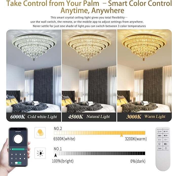 30 inch Crystal Gold Ceiling-Light Flush Mount With Remote Control and APP, 3CCT Dimmable & Brightness Adjustable, Modern Crystal Raindrop Chandeliers for Bedroom Hallway Dinning Room Living Room