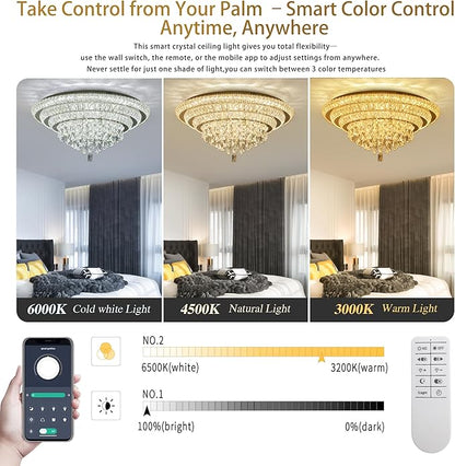 30 inch Crystal Gold Ceiling-Light Flush Mount With Remote Control and APP, 3CCT Dimmable & Brightness Adjustable, Modern Crystal Raindrop Chandeliers for Bedroom Hallway Dinning Room Living Room