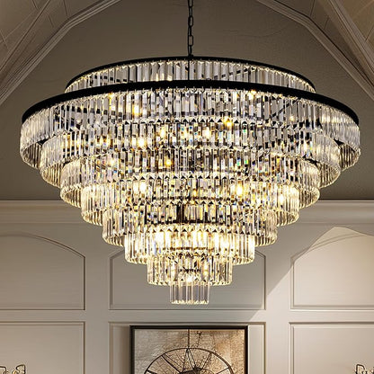 Wellmet Large Crystal Chandelier, 48’’ Black Farmhouse Chandelier, 9 Tier Luxury Crystal Pendant Light, for Living Room, Entryway, Dining Room, Hallway, Restaurant