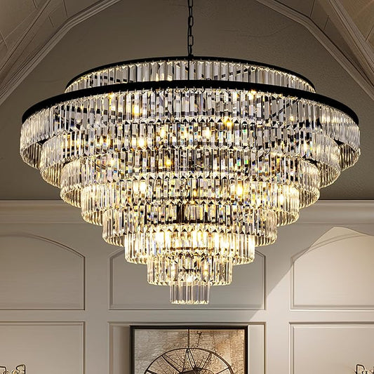 Wellmet Large Crystal Chandelier, 48’’ Black Farmhouse Chandelier, 9 Tier Luxury Crystal Pendant Light, for Living Room, Entryway, Dining Room, Hallway, Restaurant