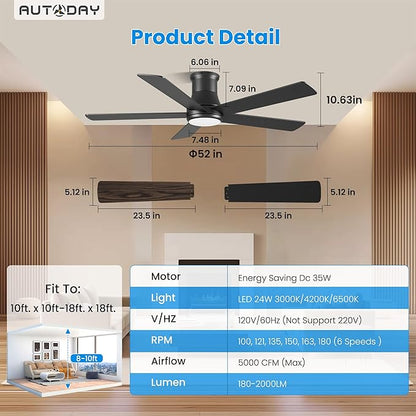 52 Inch Low Profile Ceiling Fan with Light, Black Flush Mount Ceiling Fans with Lights and Remote, 6 Speeds Reversible Quiet DC, 3CCT Dimmable, Indoor Outdoor Ceiling Fans for Patios Bedroom