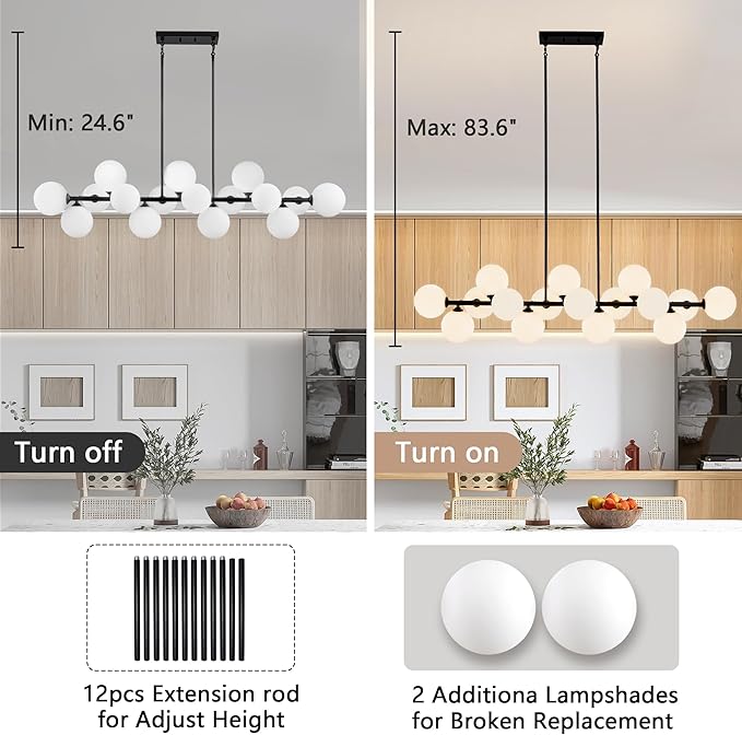 Linear Chandeliers for Dining Room, 55inch Glass Globe Chandelier Black Linear Sputnik Chandeliers 16 Light Large Long Modern Chandelier Milk White Glass Bubble Chandelier Kitchen Island Lighting