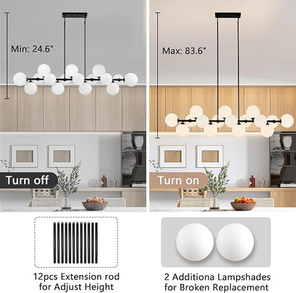 Linear Chandeliers for Dining Room, 55inch Glass Globe Chandelier Black Linear Sputnik Chandeliers 16 Light Large Long Modern Chandelier Milk White Glass Bubble Chandelier Kitchen Island Lighting