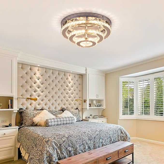 Modern Crystal Chandelier Round LED Ceiling Light Flush Mount Crystal Chandeliers for Dining Room Bedrooms Living Room, 42W, 3000 K Warm White