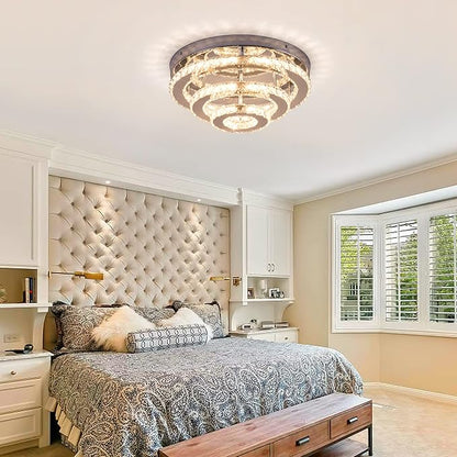 Modern Crystal Chandelier Round LED Ceiling Light Flush Mount Crystal Chandeliers for Dining Room Bedrooms Living Room, 42W, 3000 K Warm White
