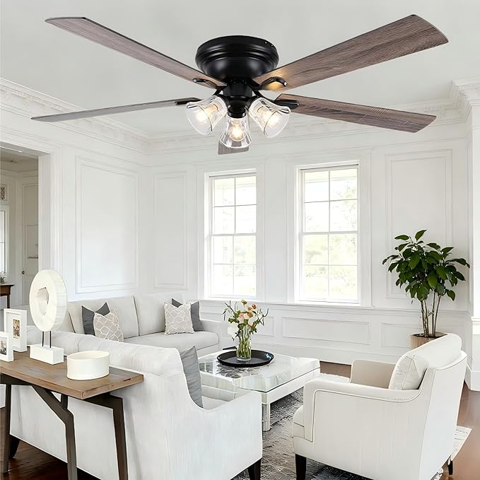 60" Vintage Ceiling Fan with Lights and Remote, Flush Mount Farmhouse Ceiling Fan 3-Lights Rustic Chandelier for Living Room Bedroom, Reversible Quiet DC Motor 6 Speeds