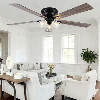 60" Vintage Ceiling Fan with Lights and Remote, Flush Mount Farmhouse Ceiling Fan 3-Lights Rustic Chandelier for Living Room Bedroom, Reversible Quiet DC Motor 6 Speeds