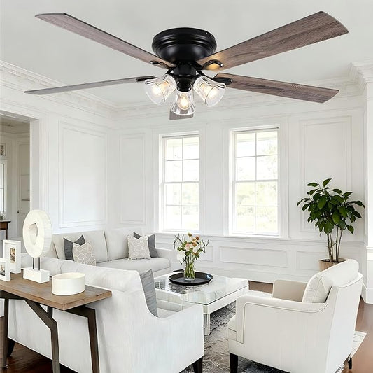 60" Vintage Ceiling Fan with Lights and Remote, Flush Mount Farmhouse Ceiling Fan 3-Lights Rustic Chandelier for Living Room Bedroom, Reversible Quiet DC Motor 6 Speeds