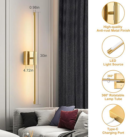 Morauroral 30″ Gold Battery Operated Wall Sconces Set of 2, Dimmable Wall Sconces with Remote Control, Rechargeable Sconces Wall Lighting, LED Wireless Wall Lights for Bedroom, Living Room, Bathroom