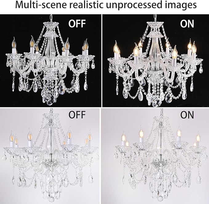Contemporary Clear Crystal Chandelier, Elegant Candle Style Chandelier Lighting Fixture for Dining Room Living Room Bedroom Hallway Entryway 8 White E12 Lamp Sockets