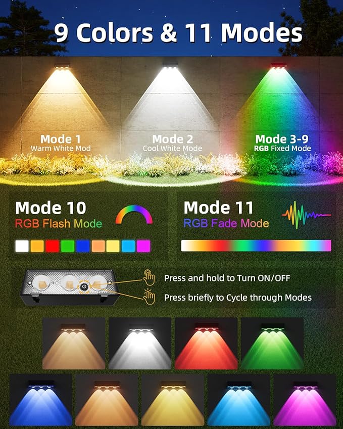 JOFIOS Solar Fence Lights Outdoor, 8 Pack, 9 Fixed Colors ＆ Color Changing Fence Lights Solar Powered Waterproof IP65 Dusk-to-Dawn LED Deck Lighting for Patio, Railing, Pool, Porch, Backyard, Wall