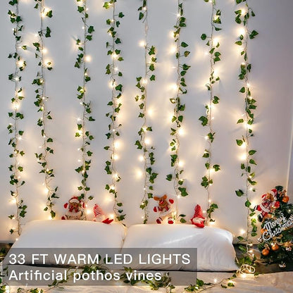 suddus Vine with Fairy Light Plug in, 33ft 100 LED Pothos String Lights Connectable with Remote, Leaf Lights for Bedroom, Room, Wall, Garden, Party, Wedding Dorm Decor (Warm White)