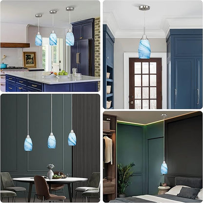 Viinew Mini Glass Pendant Light 1-Pack with Handblown Blue Marble Art Oval Glass Lamp Ceiling Hanging Light 4.72" Small Chandelier for Dining Room Kitchen Foyer Hallway