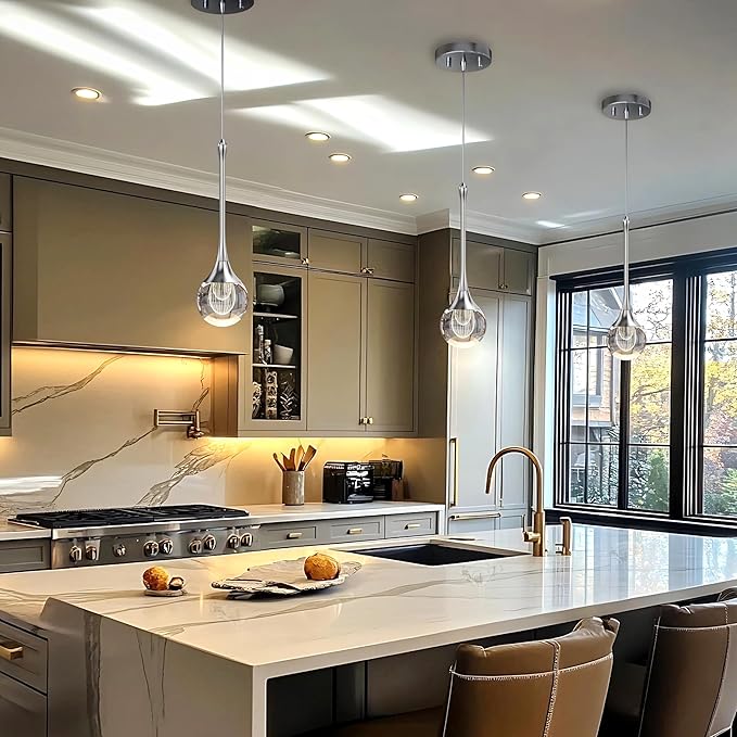 2-Pendant Lights Kitchen Island,Crystal Sliver Globe LED Chandelier, Modern Dimmable Adjustable Height Hanging Light Fixture,Sloped Ceiling,Bedroom,Dining Room