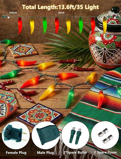 35 LED Multicolor Chili Pepper Lights, 13.6Ft Christmas Outdoor String Lights with Warm White Bulbs, Plug in Fairy Lights for Party Kitchen Patio Garden Decor, Cook Off Decorations for Cinco De Mayo