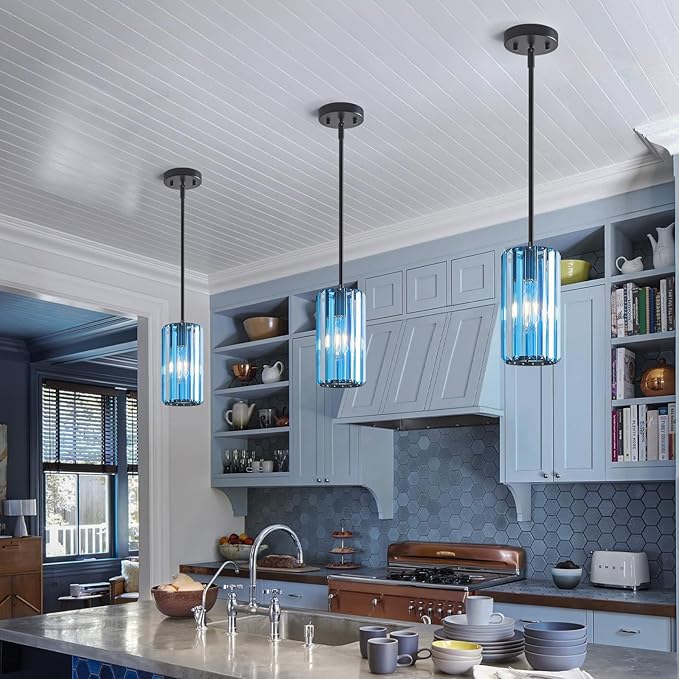 Modern Crystal Pendant Light Mini Light Blue Chandeliers Adjustable Pendant Lights Fixture for Kitchen Island Dinning Room Corridor Bedroom(Light Blue 2-Pack)