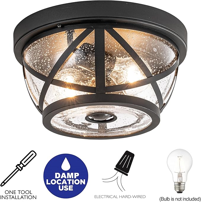 Motion Sensor Ceiling Light Fixture Outdoor Flush Mount Manual Dusk to Dawn Matte Black Waterproof Indoor Ceiling Light Fixture with Seeded Glass for Front Porch Garage Entrance