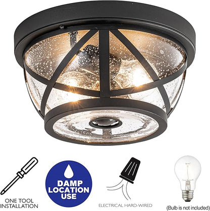 Motion Sensor Ceiling Light Fixture Outdoor Flush Mount Manual Dusk to Dawn Matte Black Waterproof Indoor Ceiling Light Fixture with Seeded Glass for Front Porch Garage Entrance