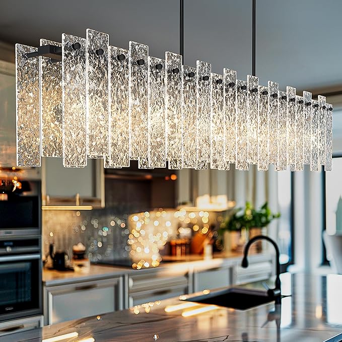 Modern Black Rectangle Chandelier, 48" Dining Room Chandelier with Water Ripple Glass, Staggered Design, Linear Crystal Chandeliers for Dining Room, Living Room, Kitchen Island