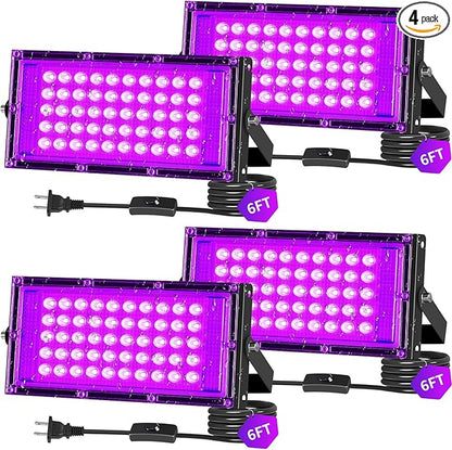 THECHAM 50W LED Black Lights IP66 Waterproof Black Light Outdoor with 5.9ft Plug+Switch, Flood Blacklight for Halloween Glow in The Dark Party Stage Light Neon Glow Birthday 4 Pack