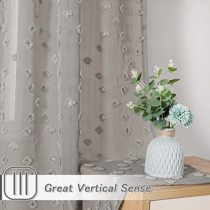 MYSKY HOME Grey Sheer Short Curtains for Kitchen 54 inch Long with Pom Pom Small Windows Bedroom Nursery Kids Girls Room Curtains Cafe Light Filtering Boho Drapes, Rod Pocket,52" Wide, 2 Panels