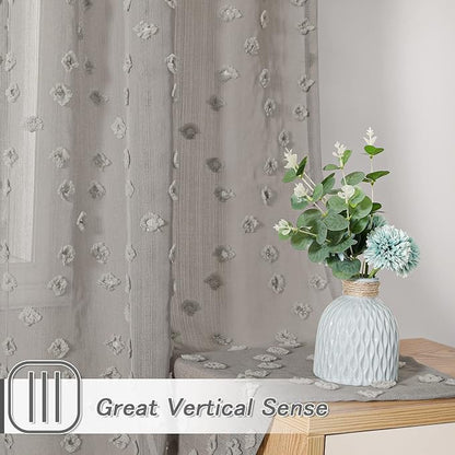 MYSKY HOME Grey Sheer Short Curtains for Kitchen 54 inch Long with Pom Pom Small Windows Bedroom Nursery Kids Girls Room Curtains Cafe Light Filtering Boho Drapes, Rod Pocket,52" Wide, 2 Panels