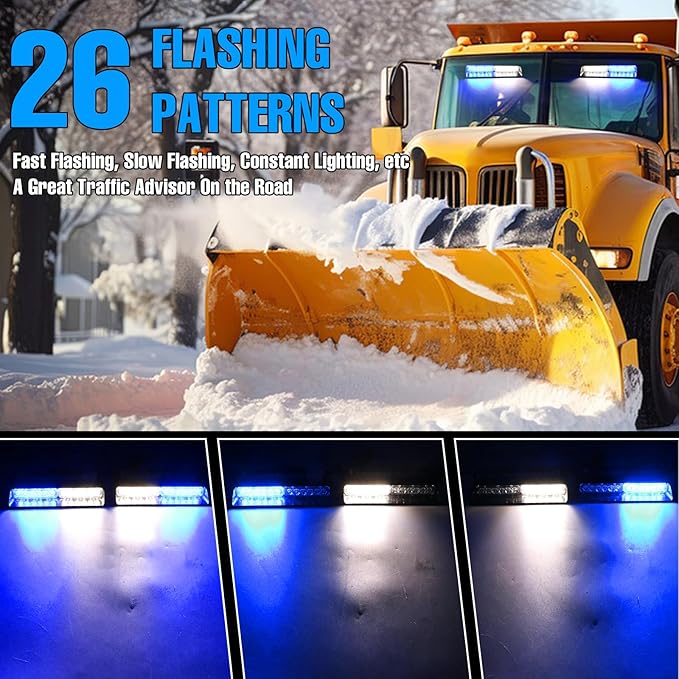 2-in-1 Blue & White LED Windshield Dash Strobe Lights, 2 x 8.4 Inch Window Interior Light, 26 Modes 12/24V Emergency Traffic Advisor Front/Rear Window Dash Strobe Lights for Trucks Vehicles