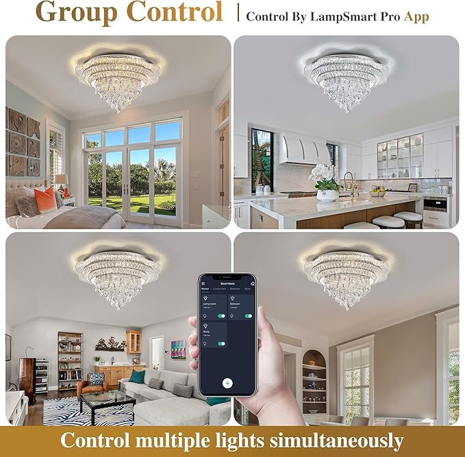Silver 30" Modern Flush Mount Chandelier for Living Room, LED Crystal Ceiling Light for Bedroom,Elegant Dining Room Lighting Fixture with Remote Control, 3CCT Dimmable