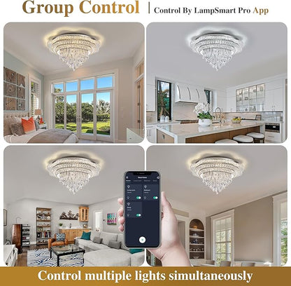 Silver 30" Modern Flush Mount Chandelier for Living Room, LED Crystal Ceiling Light for Bedroom,Elegant Dining Room Lighting Fixture with Remote Control, 3CCT Dimmable