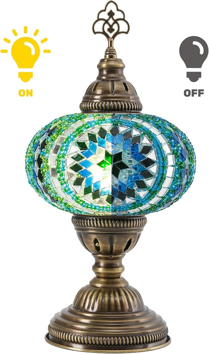 Turkish Mosaic Table Lamp with Bulb – Light Green Handmade Stained Glass Bedside Light, Authentic Turkish Boho Vintage Home Decor with E12 Socket