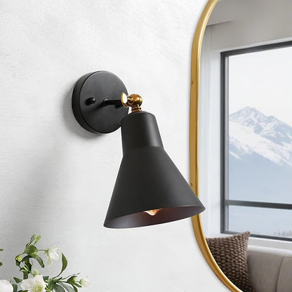 LALUZ Black Wall Sconce with Swing Arm, Adjustable Modern Farmhouse Wall Light with Gold Accent for Bedroom, Kitchen, Bathroom, Bedside Reading
