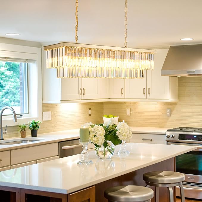 Gold Rectangular Chandelier 40 Inch-10-Light Luxury Crystal Pendant Lighting for Dining Room, Kitchen Island & Bar-Adjustable Height, Flush Mount Ceiling Fixture,Premium Lighting Fixture(Gold, L-40")