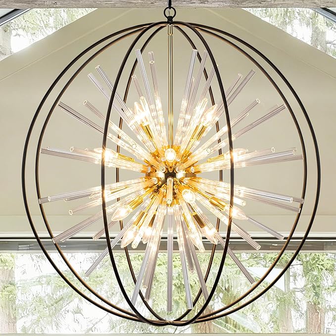 Vezzio 35" Black and Gold Chandelier for Entry Chandeliers for High Ceilings Large Globe Crystal Pendant Lights for Entryway Foyer Stairway Hallway Dining Room Living Room