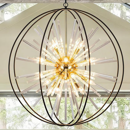 Vezzio 35" Black and Gold Chandelier for Entry Chandeliers for High Ceilings Large Globe Crystal Pendant Lights for Entryway Foyer Stairway Hallway Dining Room Living Room