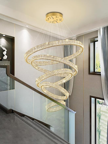 Modern 5 Ring Chandeliers for High Ceiling Foyer,Luxury Dimmable Crystal Ceiling Light Fixtures Staircase Entrance Villa Large Gold Chandelier D8''+15.7"+23.6"+31.5"+39.4"
