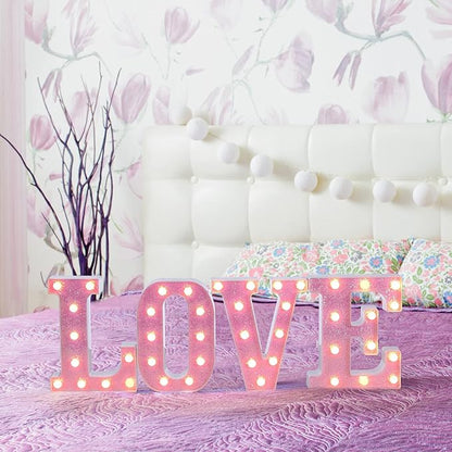 Foaky Pink Light up Letters，Pink Party Decorations,Girls Room Decor,Glitter Light Up Letters,Alphabet Letter Sign for Night Light Birthday Party Girls Gifts, Home Bar Decoration（B）
