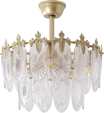 20" Gold Fandelier Ceiling Fan with Light, Gold Crystal Chandelier Ceiling Fans with Lights and Remote Control, Mid Century Enclosed Caged with 6 Speeds for Bedroom, Nursery, Living Room