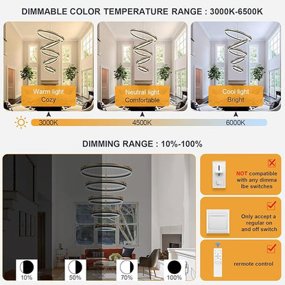 Benkut 5-Rings Modern LED Chandelier Black Gold Dimmable Large High Ceiling Chandeliers Foyer, Remote Pendant Lighting for Foyer Entryway Dining Room Living Room Staircase(10-Ring Lighting, D30in)