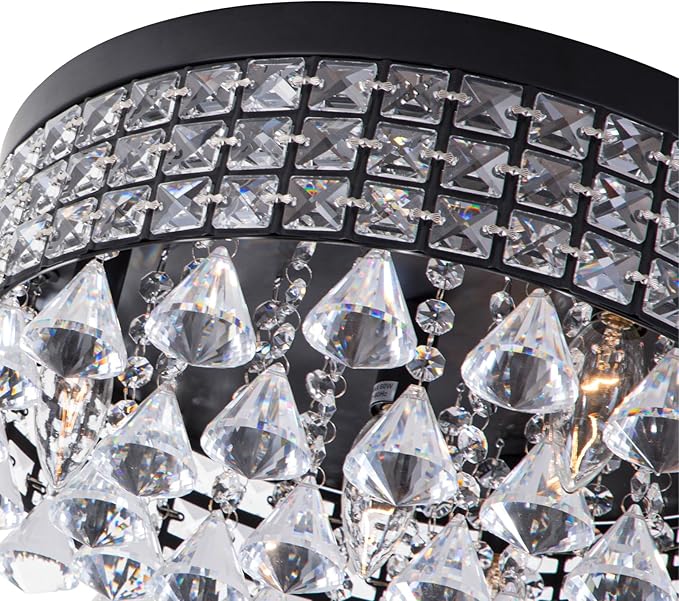 Maxax 4 Lights Crystal Chandelier, Recessed Drum Ceiling Light, Mini Crystal Flush Mount Round Metal Shade Raindrop Chandelier Crystal for Dining Room Living Room Bathroom Bedroom, Black