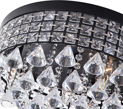 Maxax 4 Lights Crystal Chandelier, Recessed Drum Ceiling Light, Mini Crystal Flush Mount Round Metal Shade Raindrop Chandelier Crystal for Dining Room Living Room Bathroom Bedroom, Black