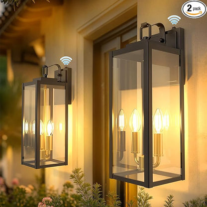 DORESshop 18" Dusk to Dawn Outdoor Wall Lights, 2-Light Black & Gold Outdoor Wall Sconce Lantern with Clear Glass, Tall Transitional Exterior Light Fixtures for Porch, Garage, ETL Listed, 2 Pack