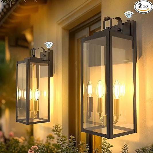 DORESshop 18" Dusk to Dawn Outdoor Wall Lights, 2-Light Black & Gold Outdoor Wall Sconce Lantern with Clear Glass, Tall Transitional Exterior Light Fixtures for Porch, Garage, ETL Listed, 2 Pack
