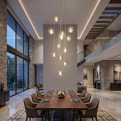 Modern LED High Ceiling Chandelier,12-Light Fixture Crystal Hanging Lamp Dining Room Dimmable Adjustable Luxury Pendant Lights for Living Dinning Room Hallway Foyer Staircase Entryway