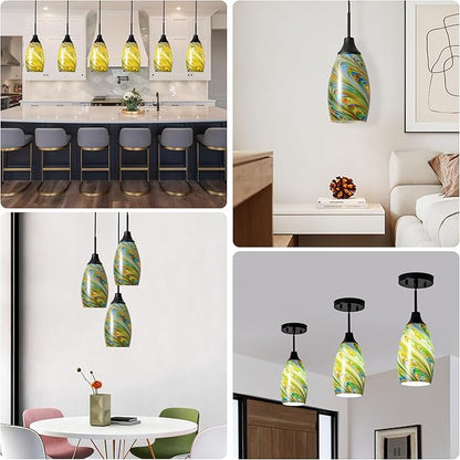 Viinew Mini Glass Pendant Light 4.72" Oval Pendant Lights 3-Pack Handblown Colorful Art Glass Hanging Pendant Light for Kitchen Island Dining Room Living Foyer Hallway Entry Matte Black Metal