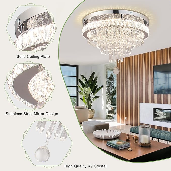 FRIXCHUR 19.7" Crystal Chandelier Crystal Ceiling Light Modern LED Flush Mount Chandeliers Light Fixture for Bedrooms Living Dining Room 2700K/4000K/6500K Changeable Color