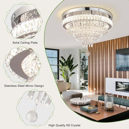 FRIXCHUR 19.7" Crystal Chandelier Crystal Ceiling Light Modern LED Flush Mount Chandeliers Light Fixture for Bedrooms Living Dining Room 2700K/4000K/6500K Changeable Color