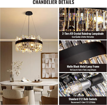 Siljoy Black Crystal Chandelier for Dining Room, Modern 2-Tiers K9 Crystal Raindrop Chandelier 12 Lights Farmhouse Pendant Ceiling Light for Living Room Kitchen Island Entry Foyer D19.7''