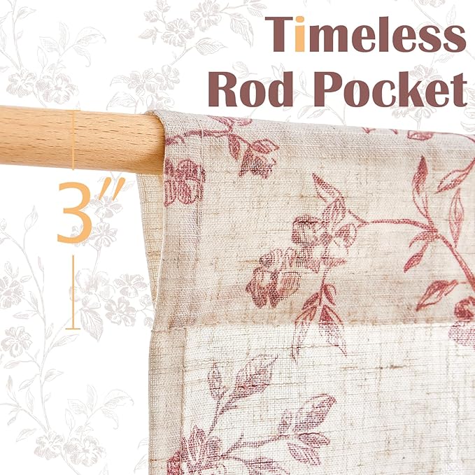 jinchan Floral Kitchen Curtains 24 Inch Linen Tier Curtains Farmhouse Cafe Half Window Drapes Over Sink Light Filtering for Living Room Laundry RV Rod Pocket 2 Panels Maroon Red on Beige