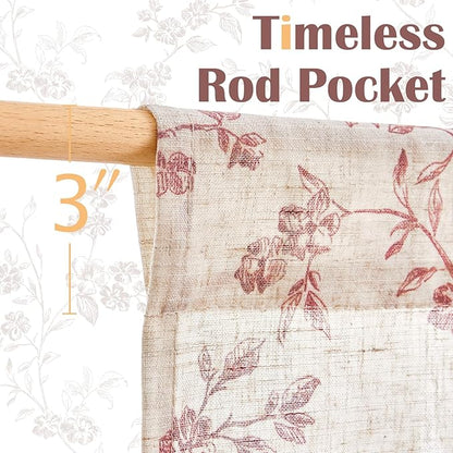 jinchan Floral Kitchen Curtains 24 Inch Linen Tier Curtains Farmhouse Cafe Half Window Drapes Over Sink Light Filtering for Living Room Laundry RV Rod Pocket 2 Panels Maroon Red on Beige